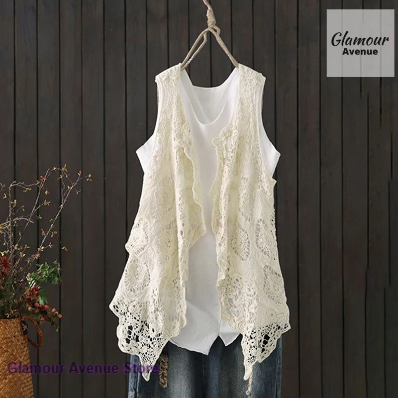 Korean openwork cardigan women's vest long sweater women's summer thin cotton crochet with large size shawl sunscreen top.