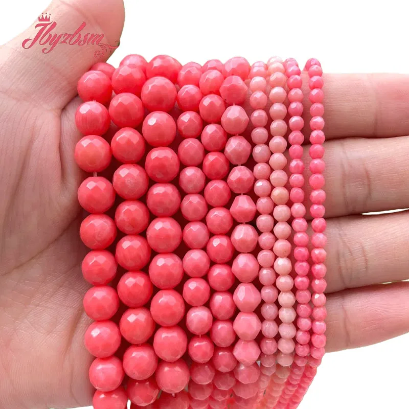 2/3/4/6/8mm Natural Round Pink Faceted Coral Stone Loose  Beads Strand 15 inch for DIY Necklace Bracelet Pendant Jewelry Making