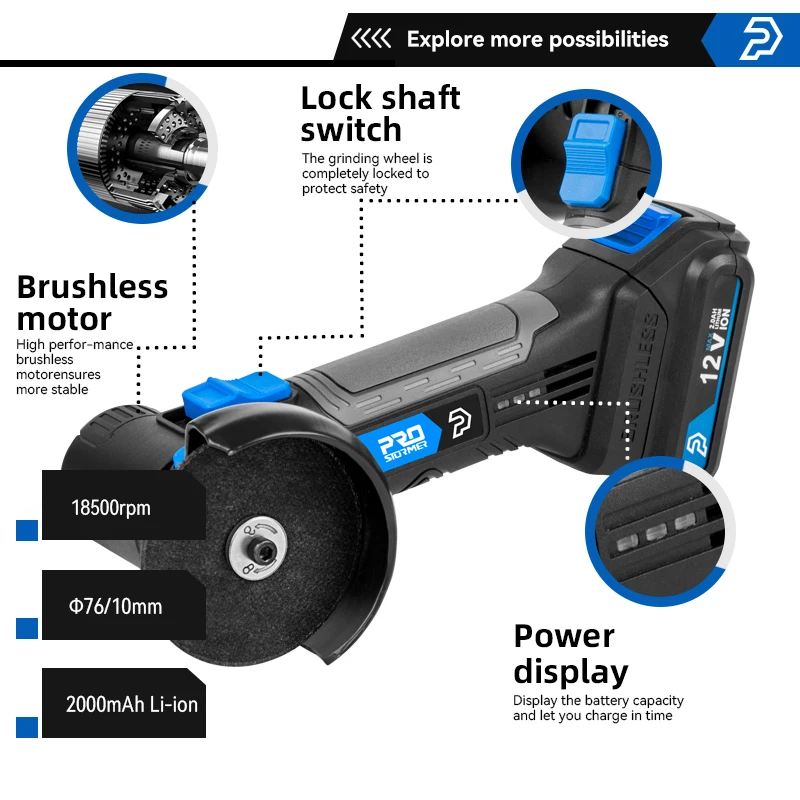 12V Mini Brushless Angle Grinder Cordless Polishing Grinding Machine 2000mAh 18500RPM Electric Power Tools For Home PROSTORMER
