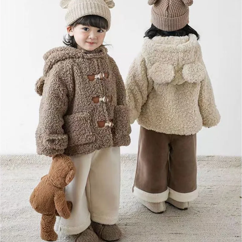 

Fashion Baby Girl Boy Hooded Warm Jackets Winter Toddler Children Lamb Wool Bear Horn Buckle Thicken Coat Baby Clothes 1-10Y