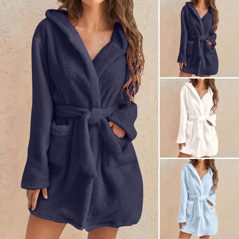 Chic Casual Plush Women Bathrobe Mid Length Women Winter Bathrobe Plush Water Absorption Lady Nightgowns for Bedroom