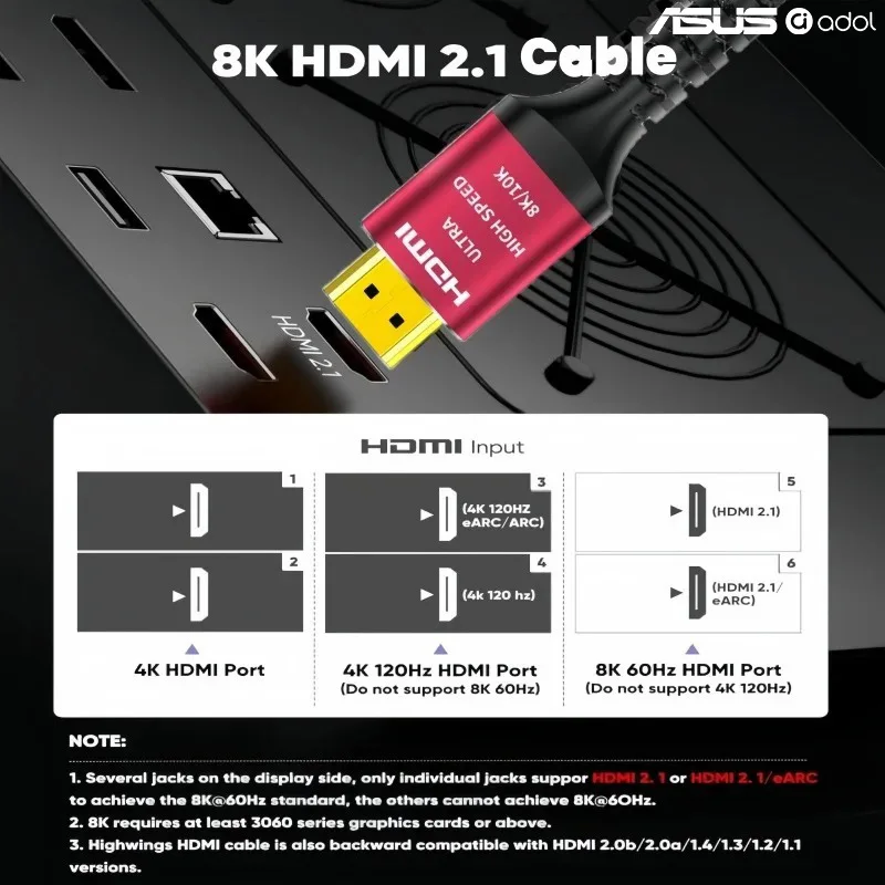 ASUS 8K 60Hz Ultra High Speed HDMI 2.1 Cable 48Gbps Gold‑Plated Connector Support HDR eARC for Game Console Laptop Home Theater