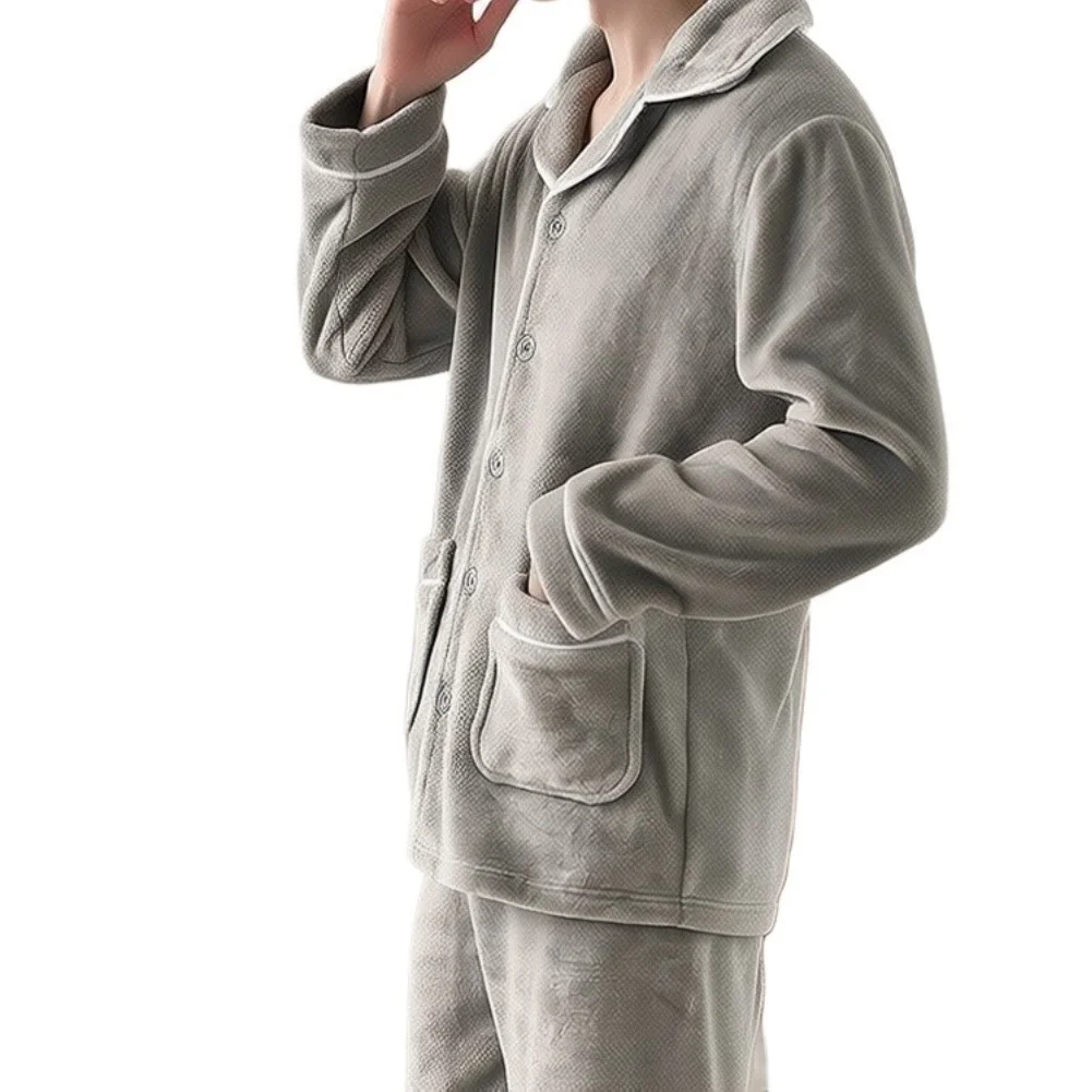 Men's Warm Coral Fleece Sleepwear Set Thickened Anti-Static Long Sleeve Pajamas With Lapel Collar Soft Winter Home Clothes