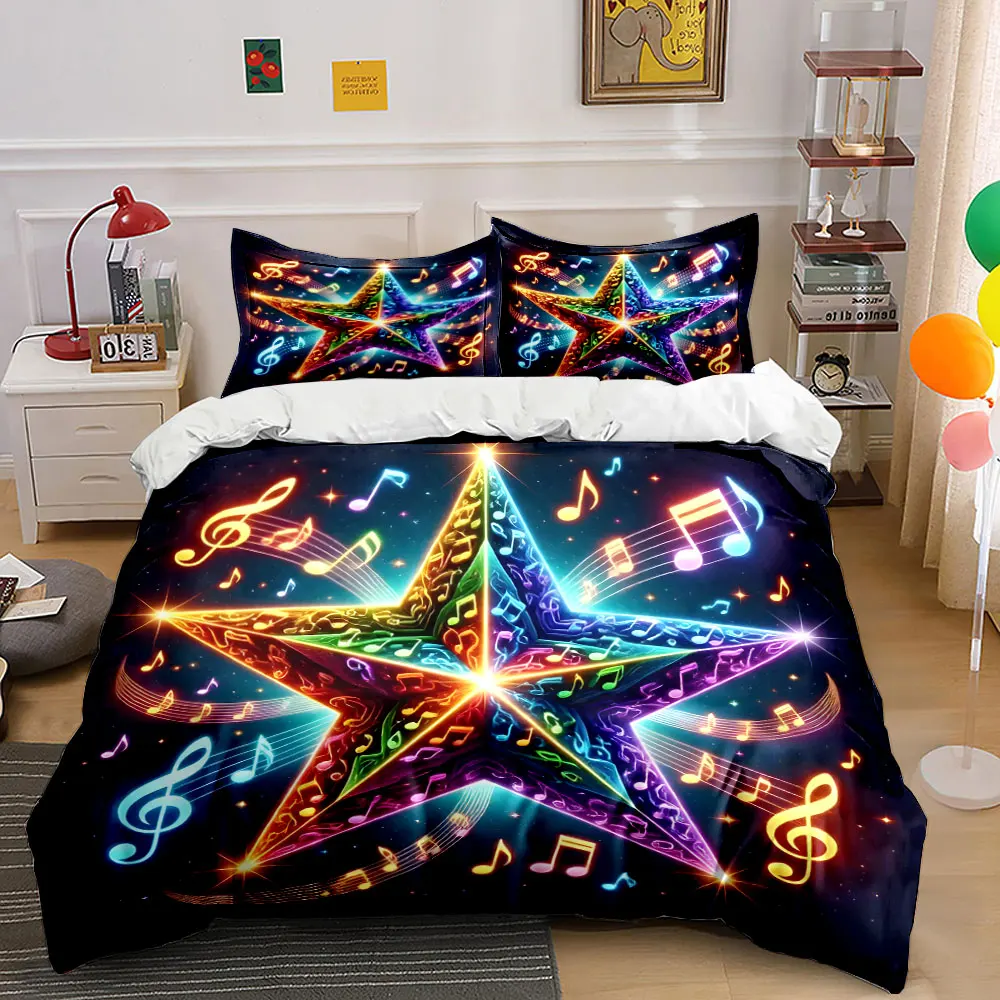 Colorful star surrounded by notes Print Bedding Set 1 Duvet Cover 2 Pillowcases for Adult and Children Luxury Gift Full Size