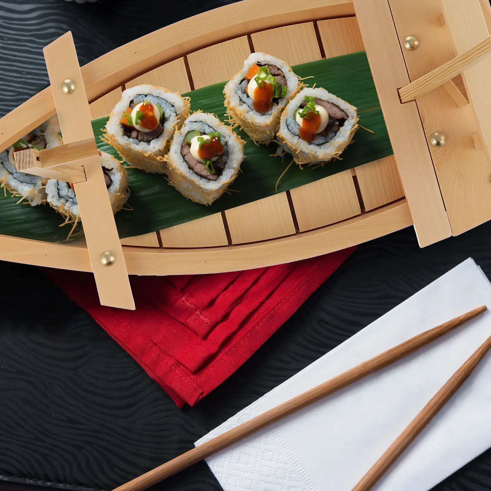

1Pcs Wooden Sushi Boat Plate Eco-Friendly Sashimi Serving Dish Boat Shaped Display Tray for Japanese Style Table Decor Desserts