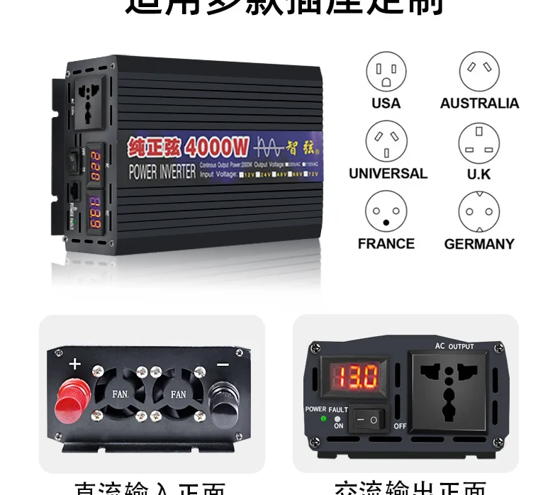 Intelligent Pure Sine Wave Inverter 12V/24V/48V/60V to 220V High Power Household Truck Power Converter