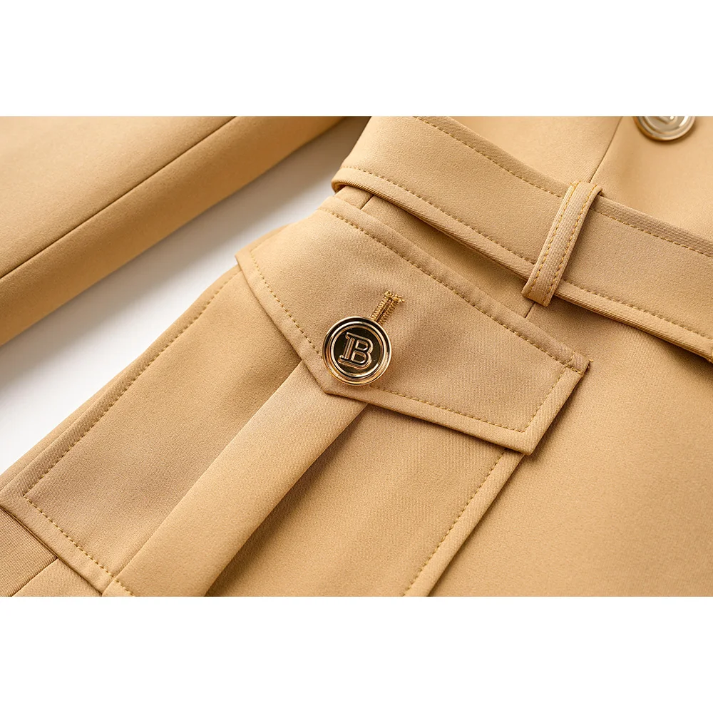 New Color Classic Style Pocket Design Women Bodycon Khaki Quality Blazer with Belt Lady Jackets