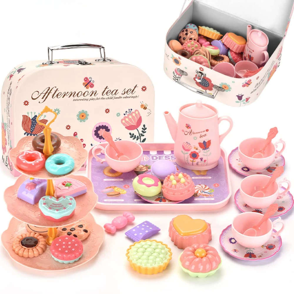 WizKidz Princess Tea Party Set for Little Girl with Teapot Tray Dessert Cookies Doughnut Carrying Case Kids Kitchen Pretend Play