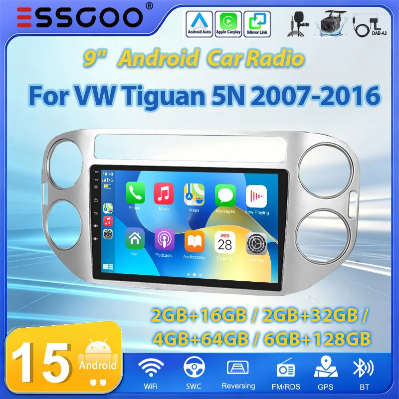 ESSGOO 9" Auto-Stereo-Radio Android 15 2GB+16GB/2GB+32GB/4GB+64GB/6GB+128GB Wireless Carplay Android Auto für VW Tiguan 5N 2007-16 Golf Plus 2004-2013 GPS-Navigation Bluetooth FM SWC Wifi ASP RDS
