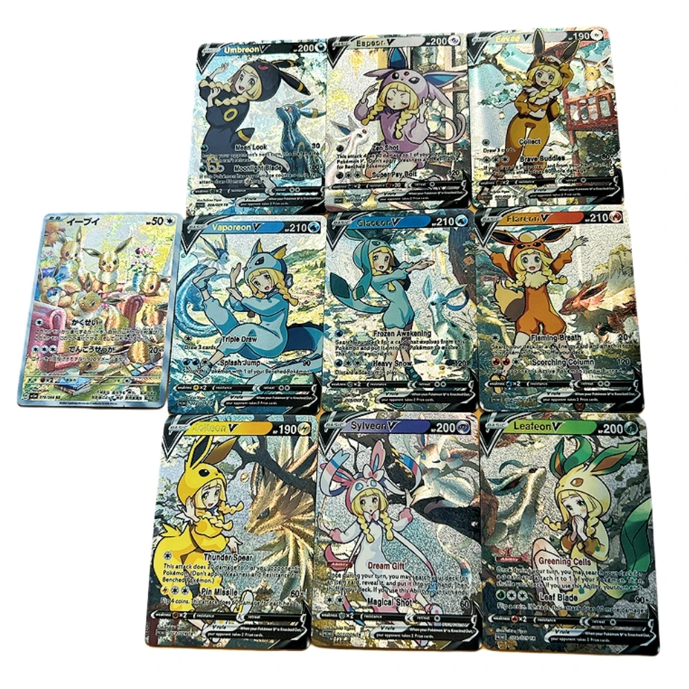 9PCS/SET Pokemon Lillie COS Eevee Animation Characters DIY Refraction Flash Card Anime Classics Game Collection Cards Toy Gift