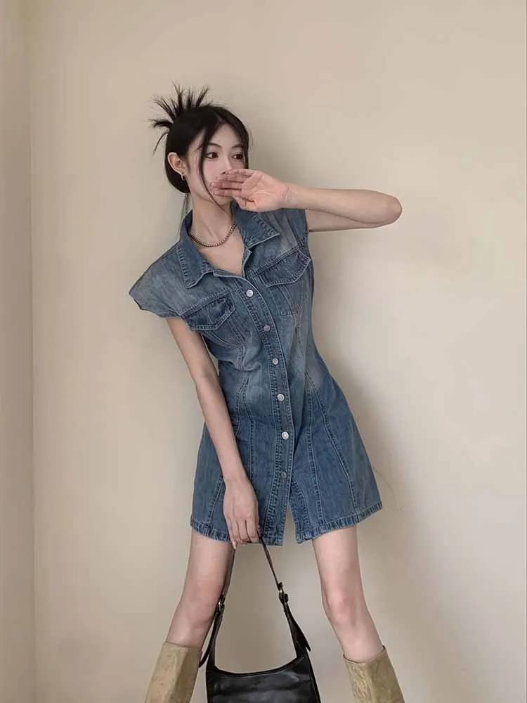 2022 The Newest Fashion Wear Take Fashion Women Vintage Polo-neck Sleeveless Denim Blue Dress Party Cocktail Short Mini Dress