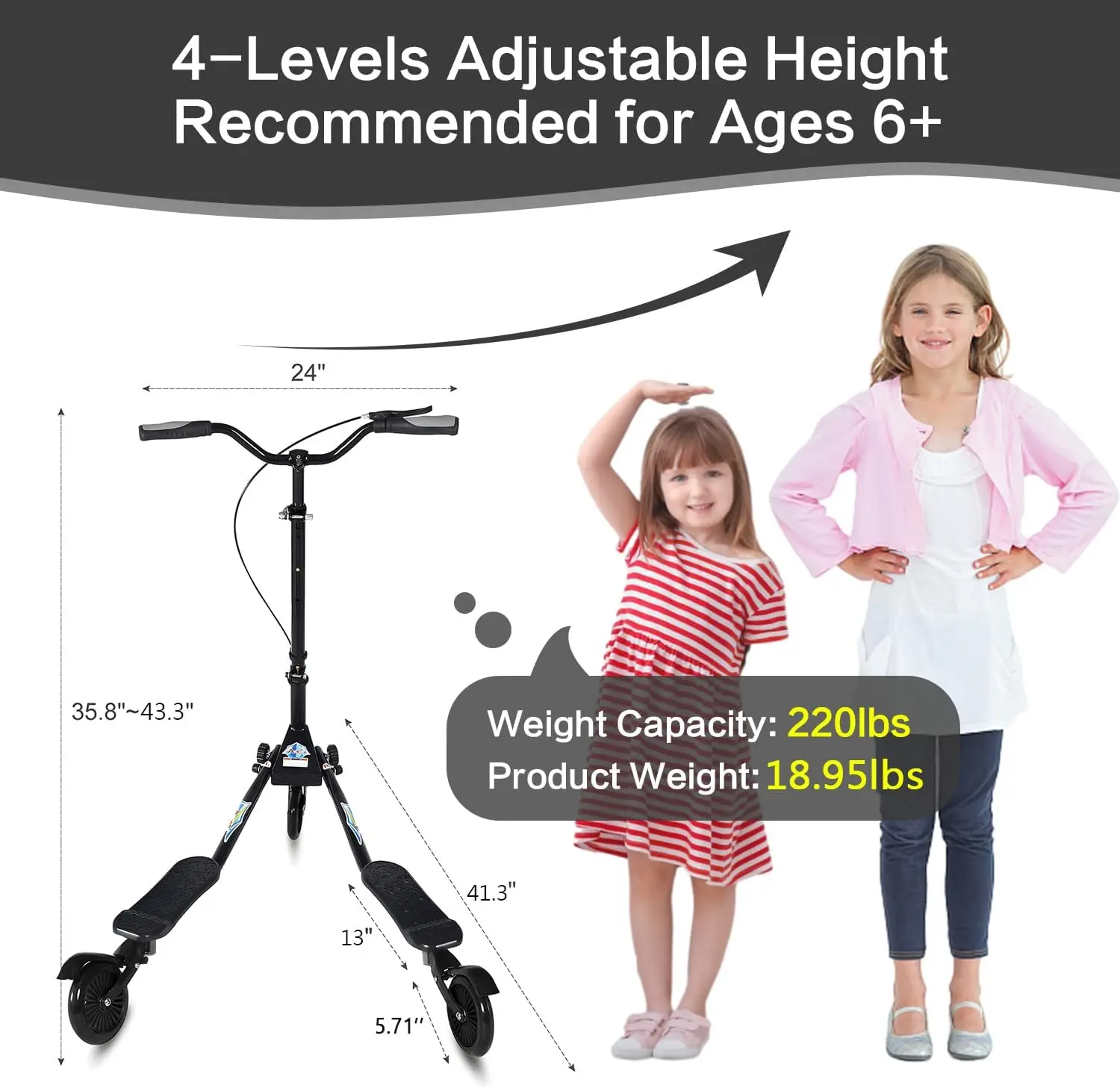 Patinete Swing Wiggle, patinete plegable a la deriva de 3 ruedas con altura ajustable de 4 niveles/plegable para niños/mujeres/hombres de 6 años y más