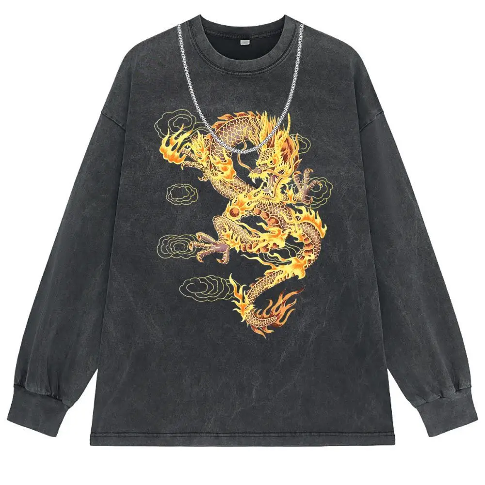 Chinese-Dragon Kung Fu Tshirts Europe Men Washed Tshirt Summer Sportswears Brand Long Sleeve Sweatshirts Dragon T Shirt Man