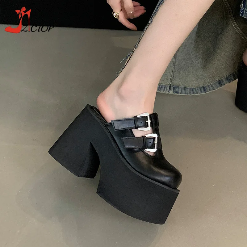 Platform Chunky Heeled Sandals Women Closed Toe Super High Heels Mules Slip On Black Goth Punk Shoes Summer Slippers Big Size 42