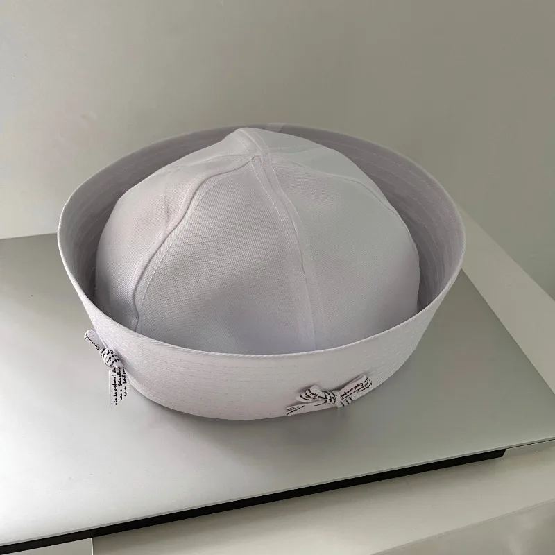 Japanese Cute Letter Bow Turned Brim Sailor Hat Women Sweet Solid Color Spring and Autumn Versatile Uniform Kpop Bucket Hats