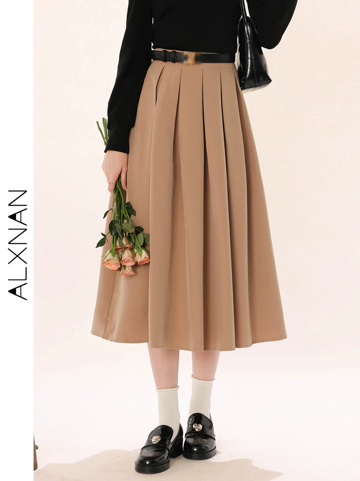 ALXNAN Vintage Solid Long Skirts Fashion Women Pleating Maxi Jupes 2024 Summer Casual High Waisted A-line Midi Skirt TM00218