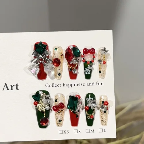 Imagen 1 del producto 10 Uds. De uñas postizas hechas a mano, estilo francés, rojo, verde, muñeco de nieve, copo de nieve, cadena de perlas, decoración de diamantes, uñas postizas navideñas para fiesta