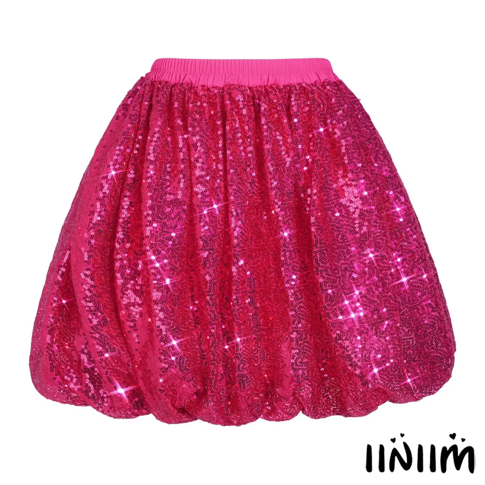 Kids Girls Sequin Bubble Skirt Elastic Waist A Line Ruffled Skirt with Soft Lining for Jazz Dance Stage Cheerleading Performance