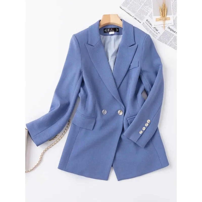 Blazer de peito único feminino manga comprida, jaqueta monocromática azul, desgaste do trabalho, casaco formal, negócios, feminino, senhoras, alta qualidade