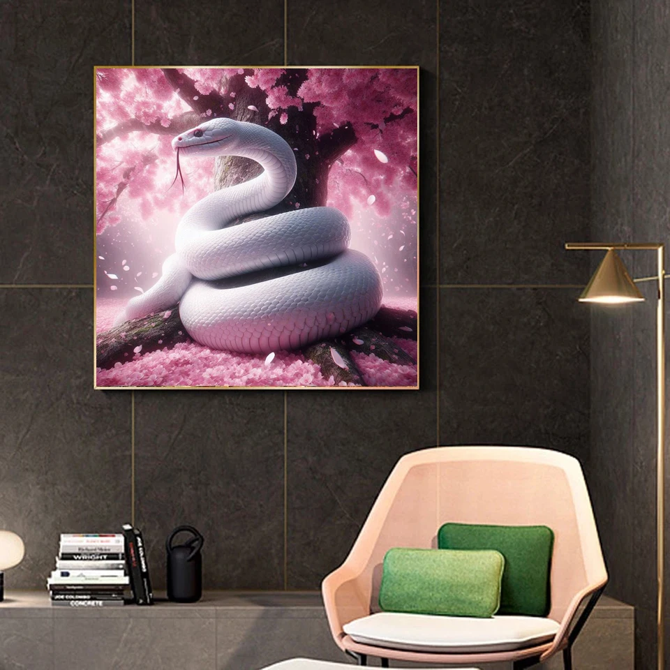 2025 جديد الماس التطريز هدية DIY زودياك الأبيض الأفعى الماس الفسيفساء 5D حجر الراين أزهار الكرز عبر غرزة ديكور المنزل