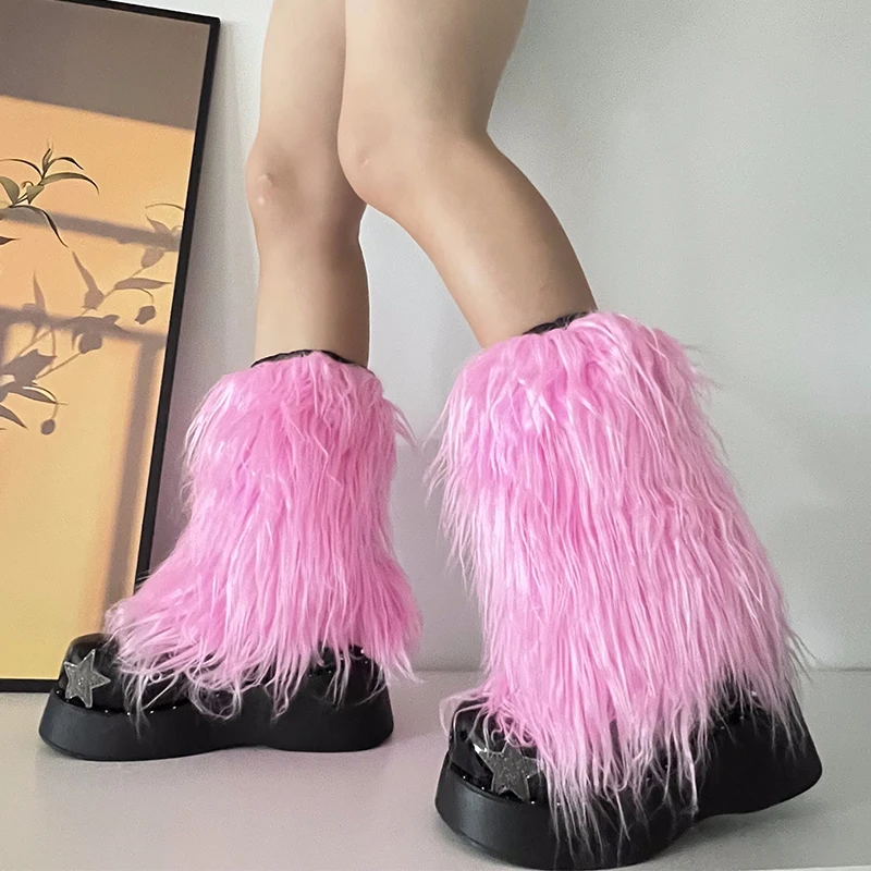 Luxury Shag Furry Faux Fur Leg Warmers Women Colorful Solid Gogo Fluffies Y2k Girls Fashion Cyber Hip Hop Legwarmers Bootcovers