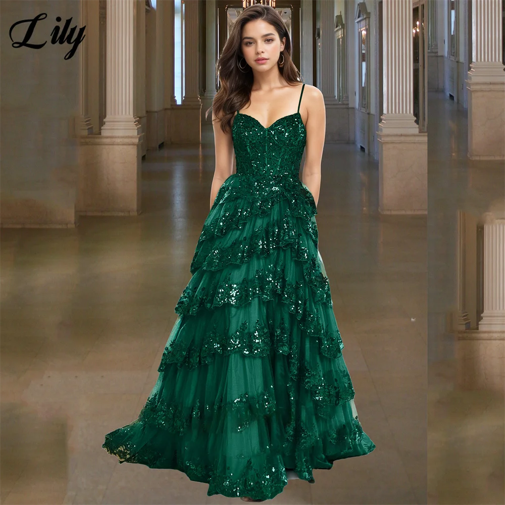 

Lily Green Shiny Formal Dress Spaghetti - Strap Tiered Evening Gown with Sequin and Lace Dress for Woman robe de bal Customized