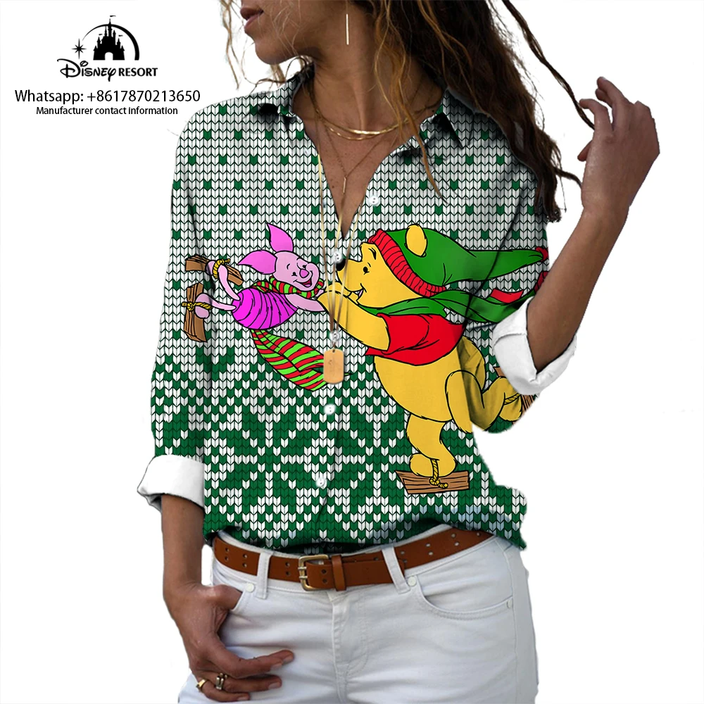 Chemise décontractée à manches longues pour femmes, motif de dessin animé Minnie, revers de personnalité, rue, mode de Noël, nouveau, 2024