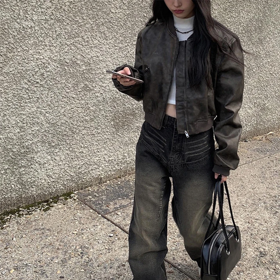 Vintage BF Sle Motorrad Jaet Loose Fit Reißverschlusskragen PU-Leder Ort Mantel für Damen Herbst 2024 Long Sve Other Mate...