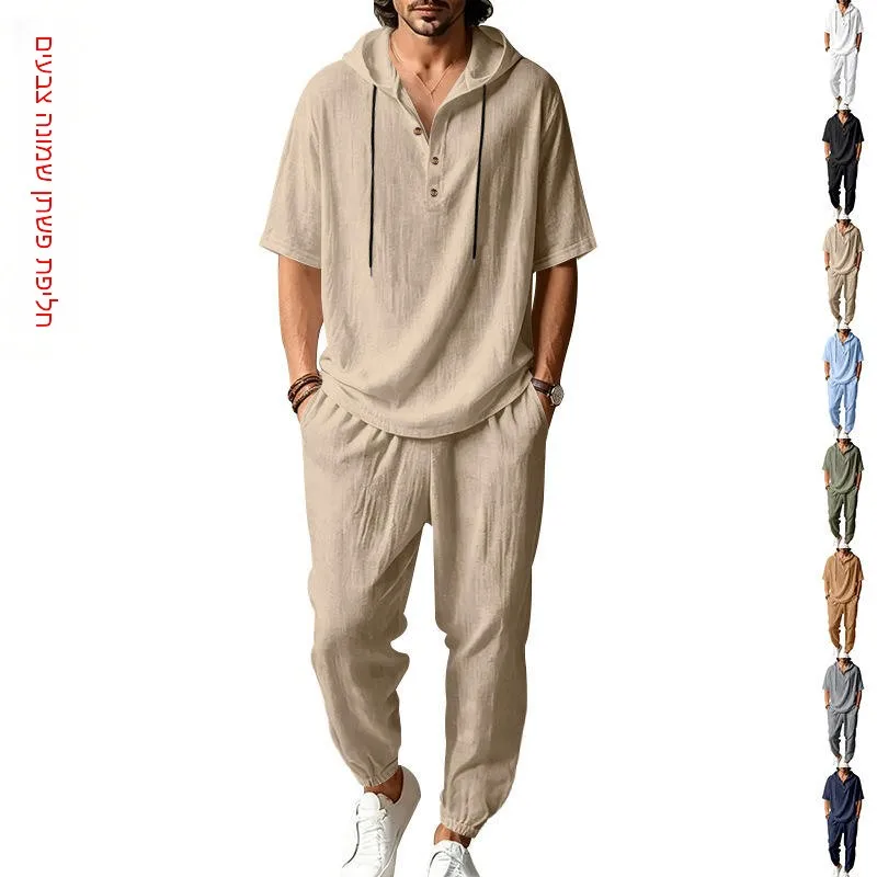 

Summer Men's Casual Loose Linen Beach Holiday Breathable Hooded Henry Short Sleeve Long Pants Set Youth Long Sleeve Long Pants