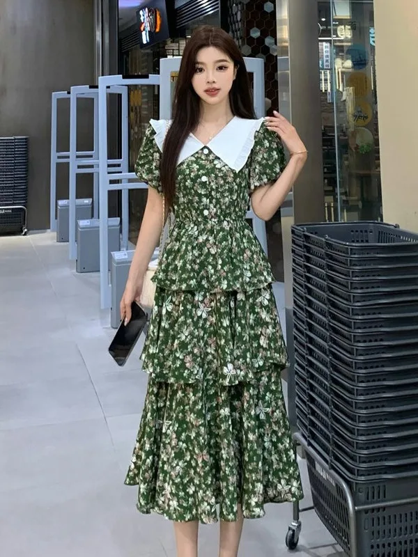 

Женское летнее платье больших размеров в корейском стиле с ретро-цветочным принтом, воротником «Питер Пэн», коротким рукавом и приталенным силуэтом