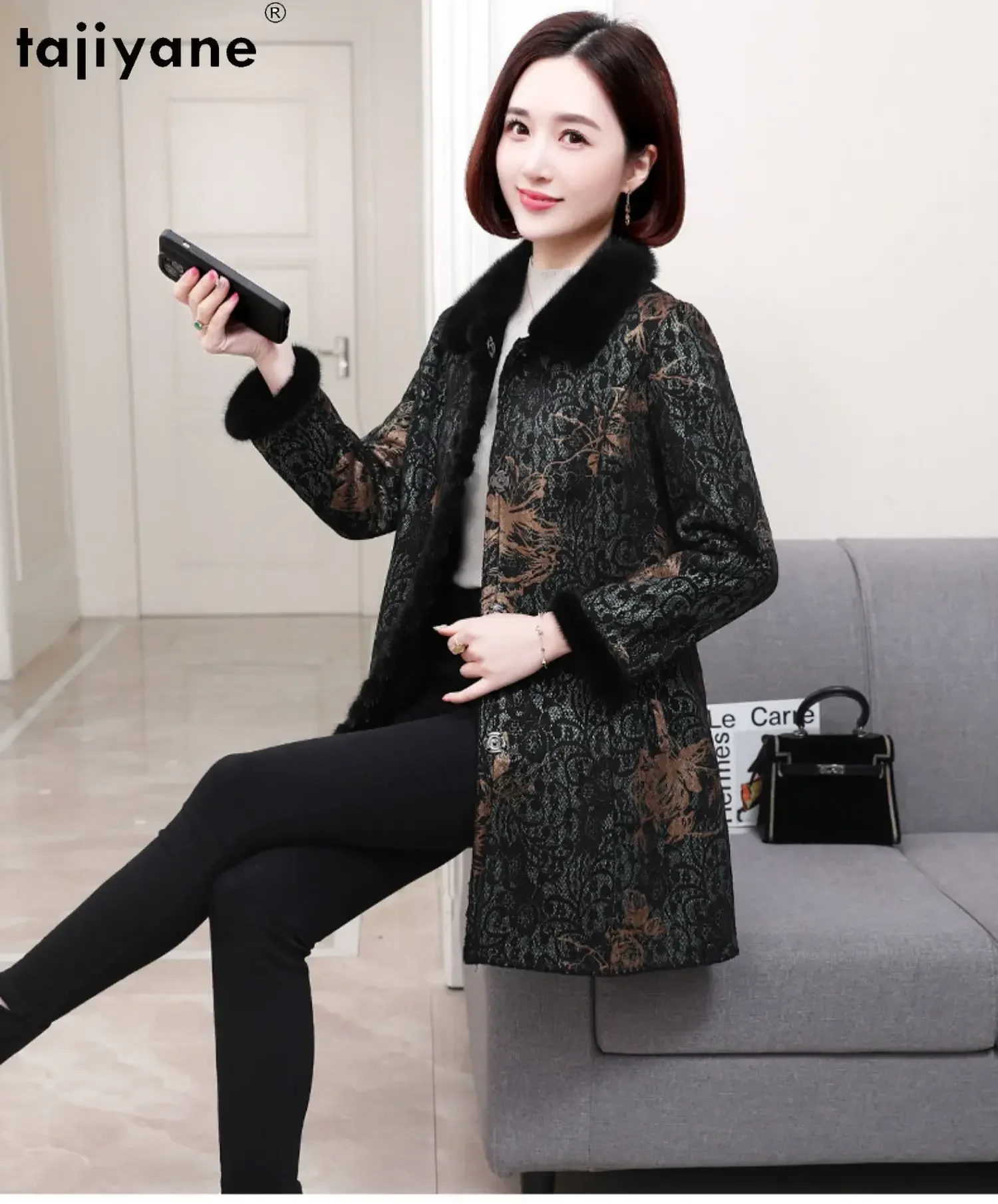 Tajiyane Elegant Sheep Shearing Jacket for Women 2023 Winter Mid-length Wool Coat Luxury Mink Fur Collar Korean Style Outerwears