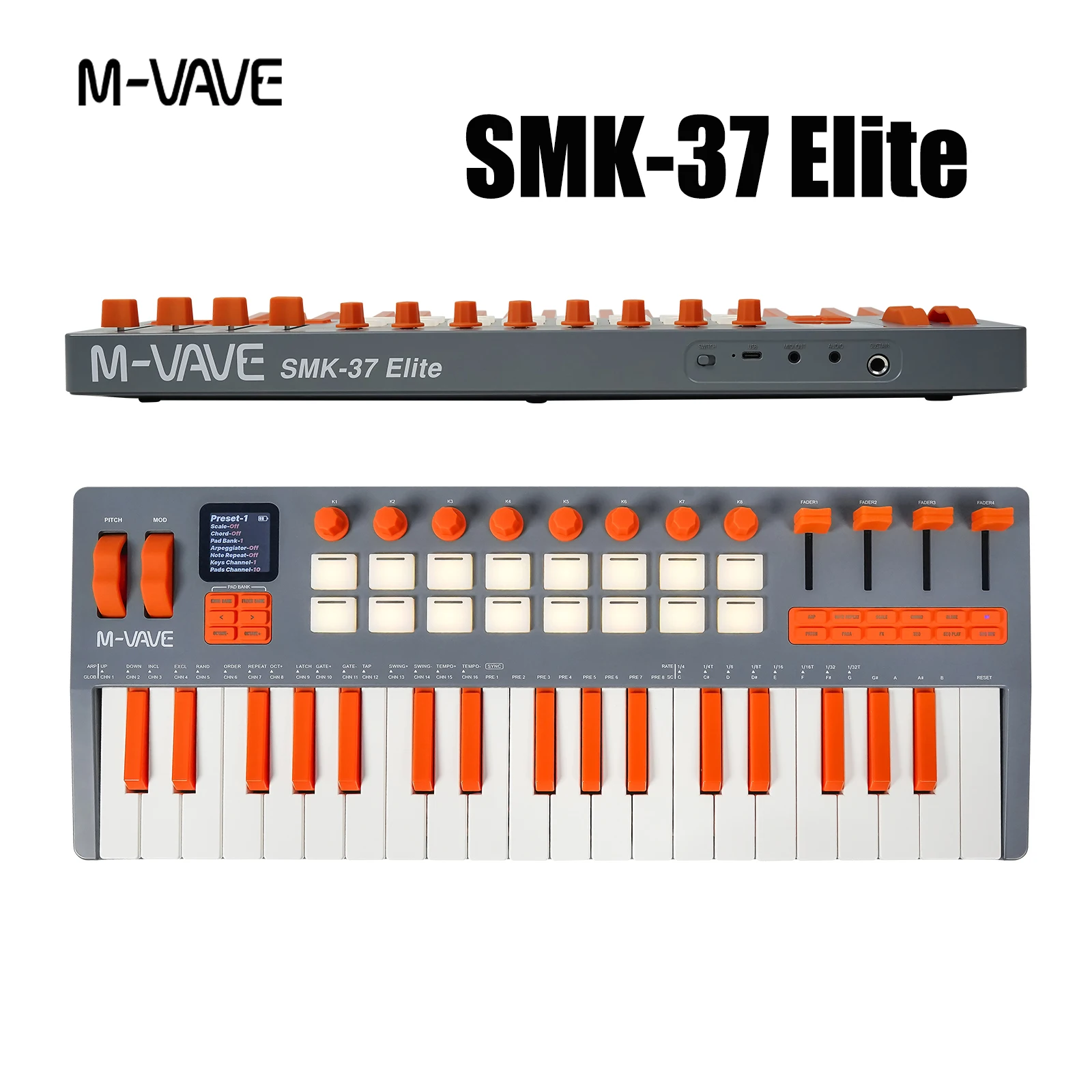 لوحة مفاتيح M-VAVE SMK-37 Elite MIDI - وحدة تحكم محمولة بـ 37 مفتاحًا مع مُركب مدمج ومنصات RGB، 16 وسادة، 8 أجهزة تشفير