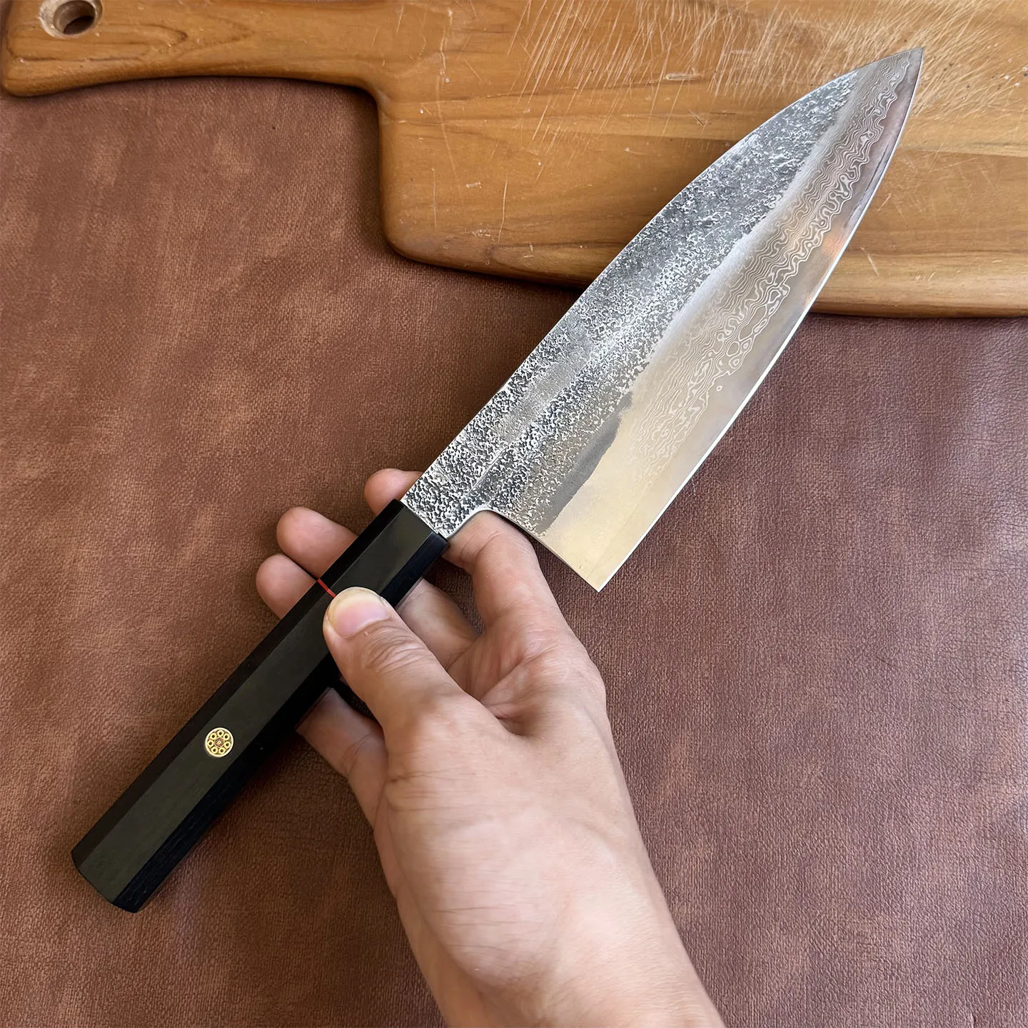 

8,5-дюймовый нож Deba с двусторонним лезвием, дамасская сталь, ручка из бычьего рога и черного дерева, измельчитель шеф-повара, скалыватель, кухонный нож