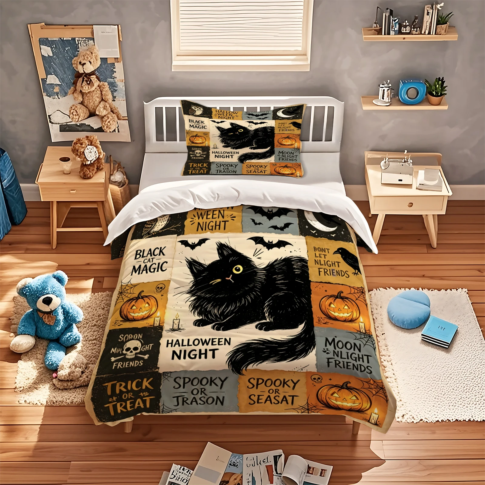 Vintage Halloween Black Cat Duvet Cover Set Patchwork Pumpkin Bat Skull Bedding Set Retro Trick Or Treat Quilt Cover Pillowcase