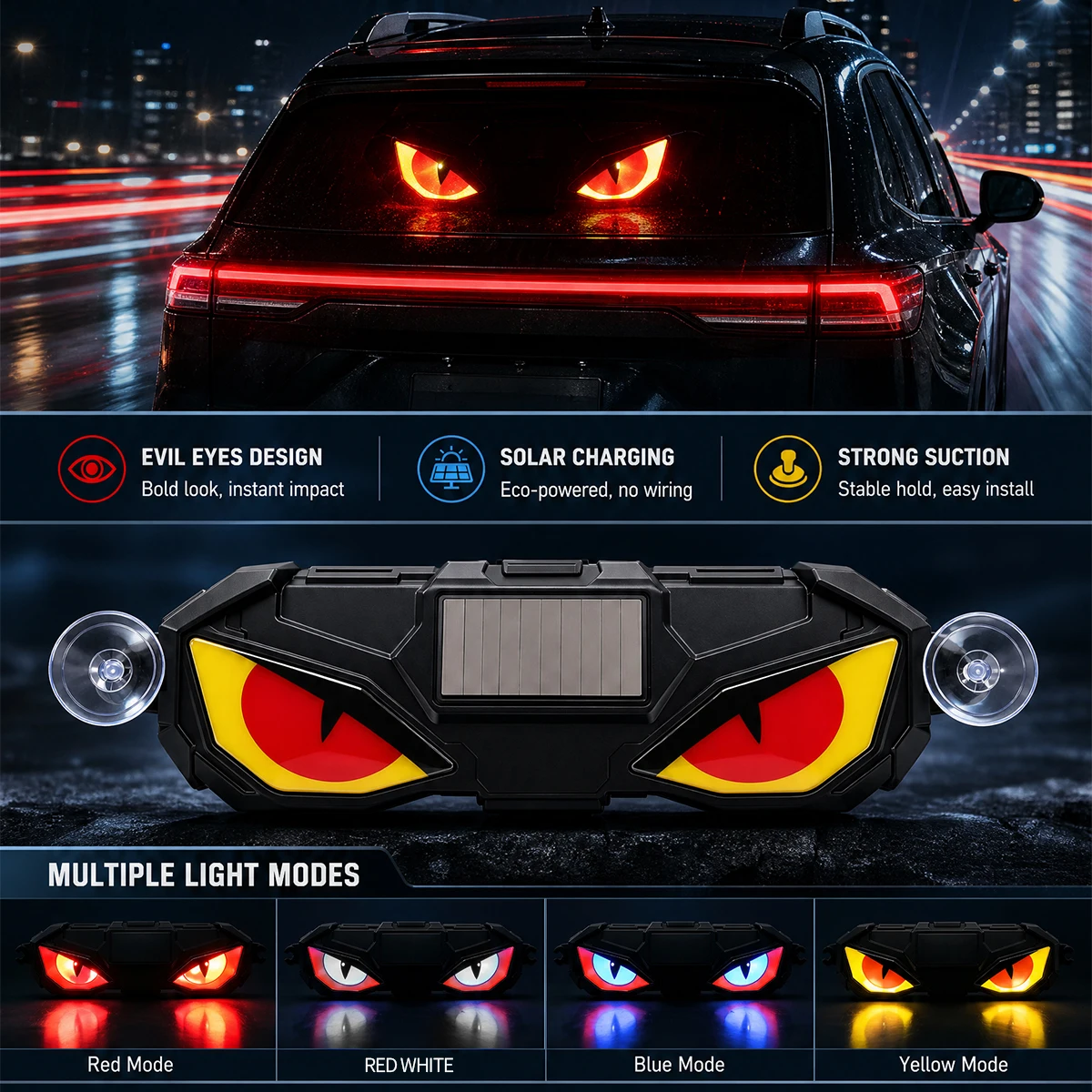 Solar Powered Devils Eyes Lights for Car Windshield Car Eyes LED Lights Dynamic Warning Flashing Signal  for SUV Auto Window