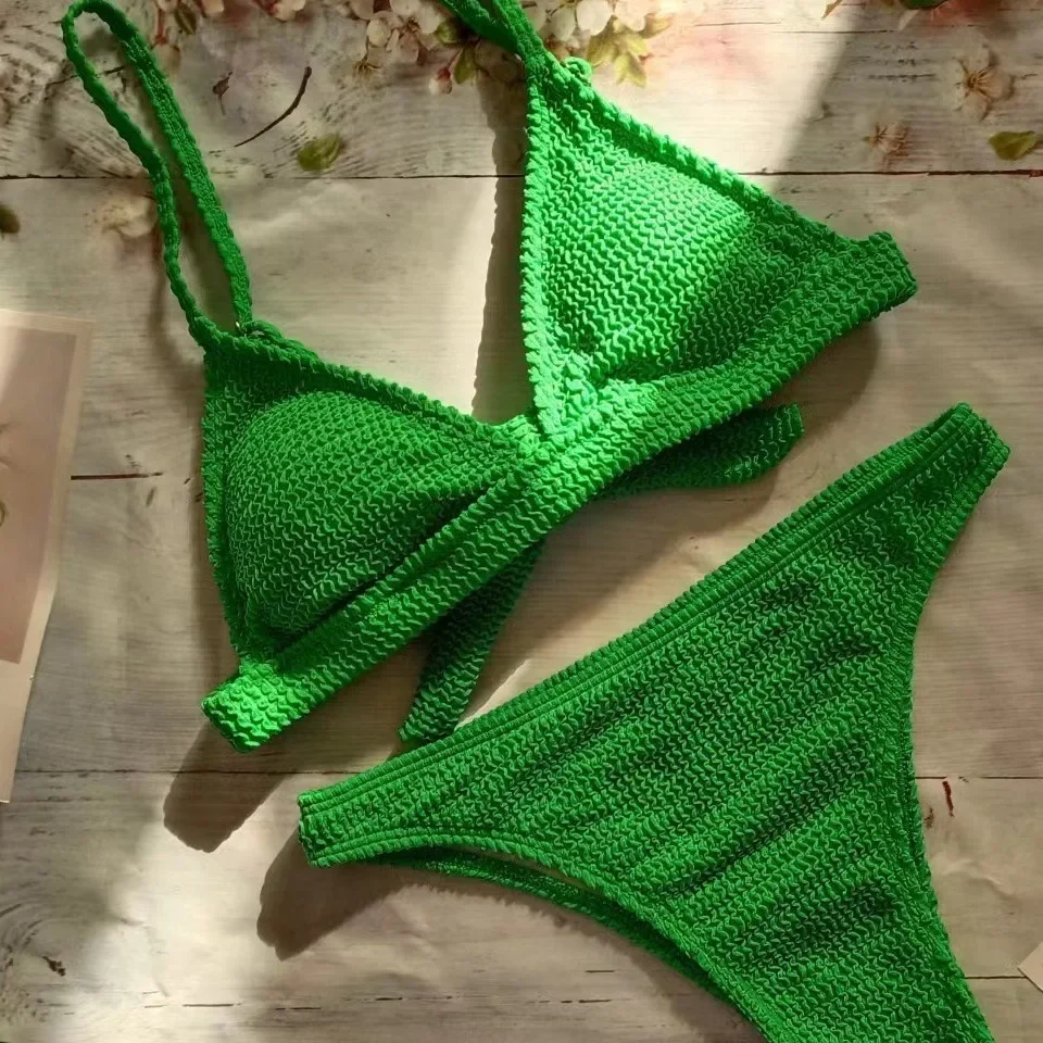 Bikini w stylu Vintage zestawy kostiumów kąpielowych kobiet z dwoma wieloczęściowe kombinezony stroje kąpielowe w jednolitym kolorze głęboki dekolt