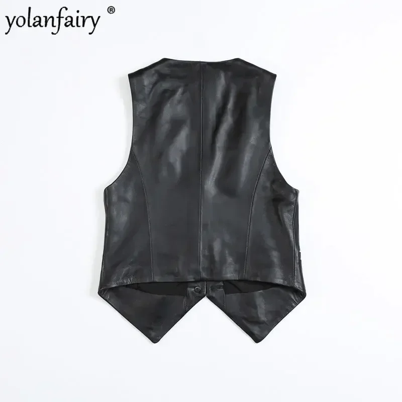 Genuine Leather Vest Women\'s Short Sheepskin Vest Sleeveless Leather Jacket Female V-neck Vest Single Breasted Motorcycle Trend