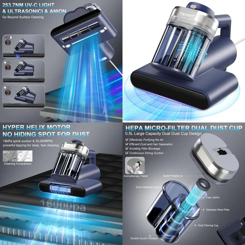 

Пылесос с УФ-С лампой: сила всасывания 16 кПа, частота вибрации 33000 об/мин, HEPA-фильтр, 149 ° Тепло, ультразвук и анионы