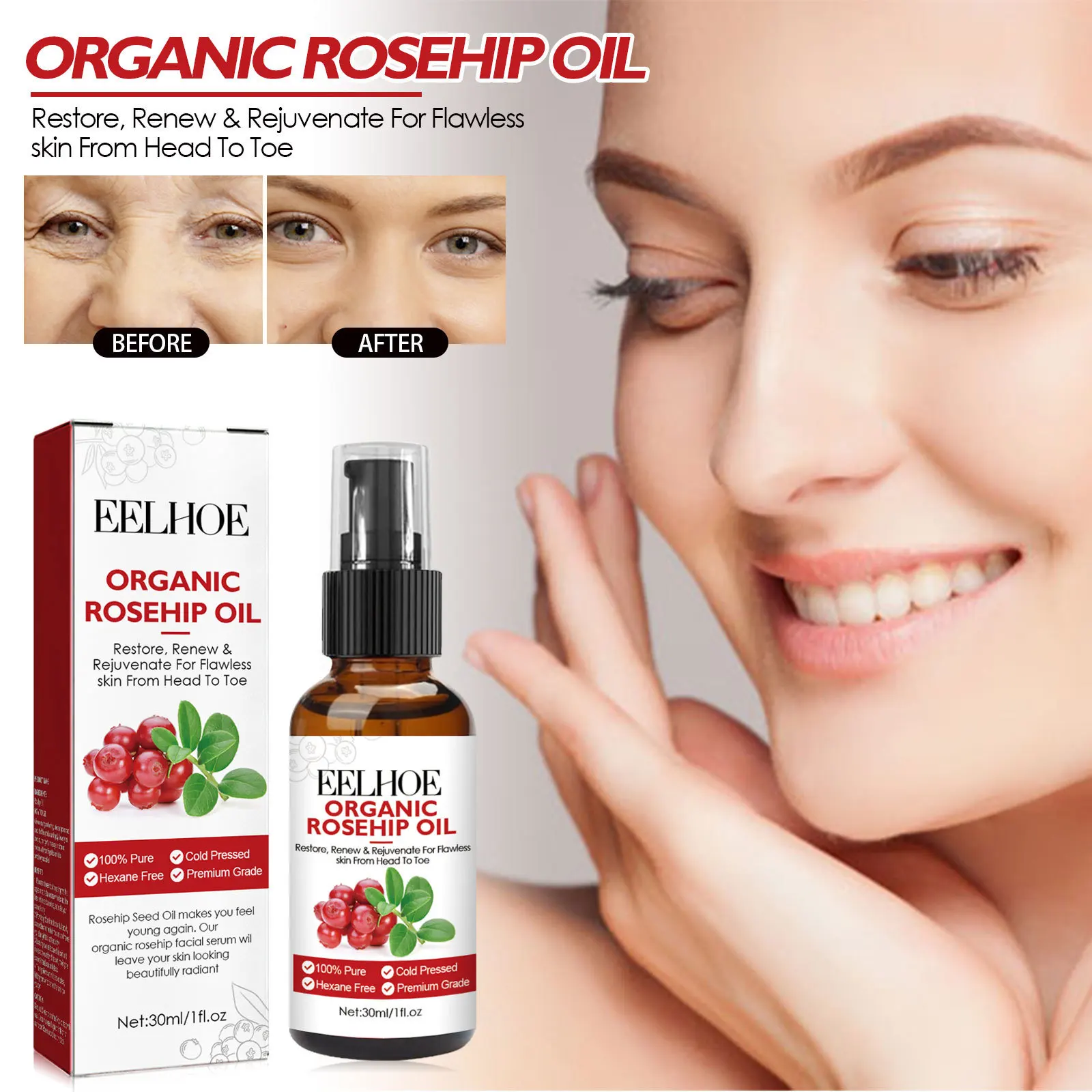 

Organic Rosehip Oil Facial Serum Moisturizing and Fading Wrinkles, Fine Pore Anti-aging Essential Oil