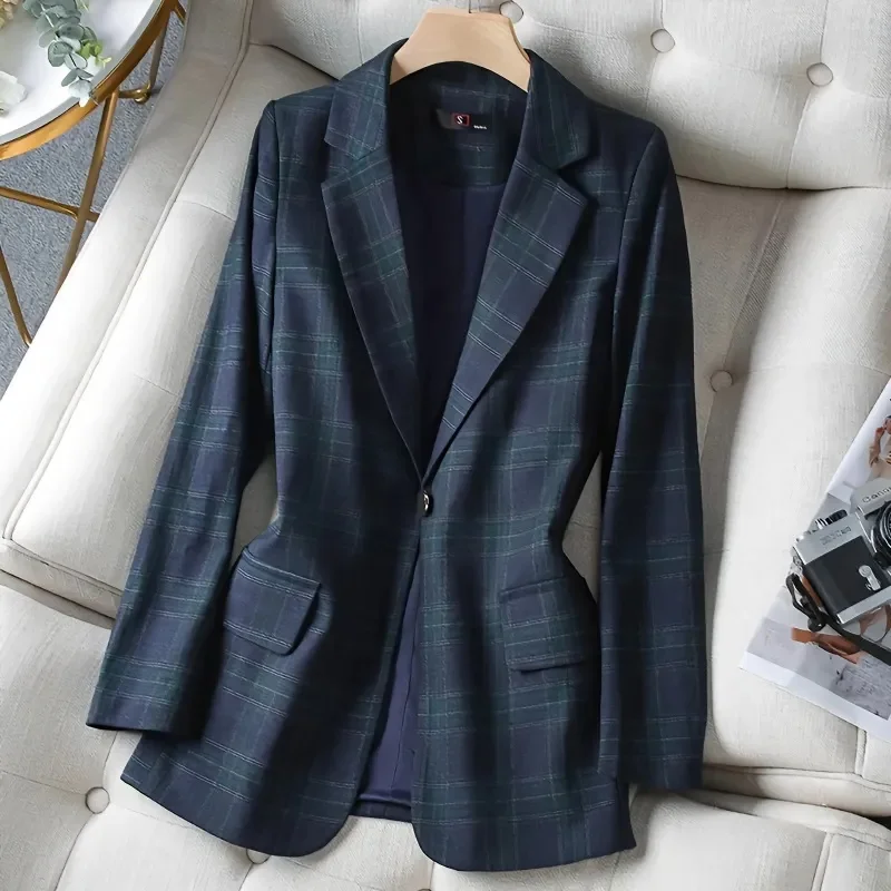 Blazer scozzese Vintage donna primavera autunno bottone singolo Office Ladies Blazer manica lunga cappotto allentato giacca femminile top capispalla