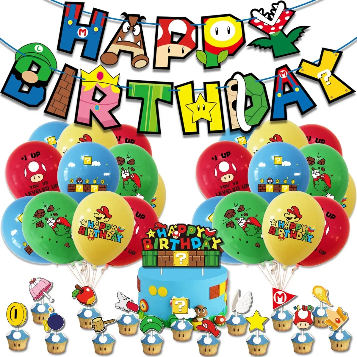 Hot game Super Mario Birthday Party Supply dinnerware Banner Cake Topper Hanging Flag Balloons Mario Set Birthday Decorations