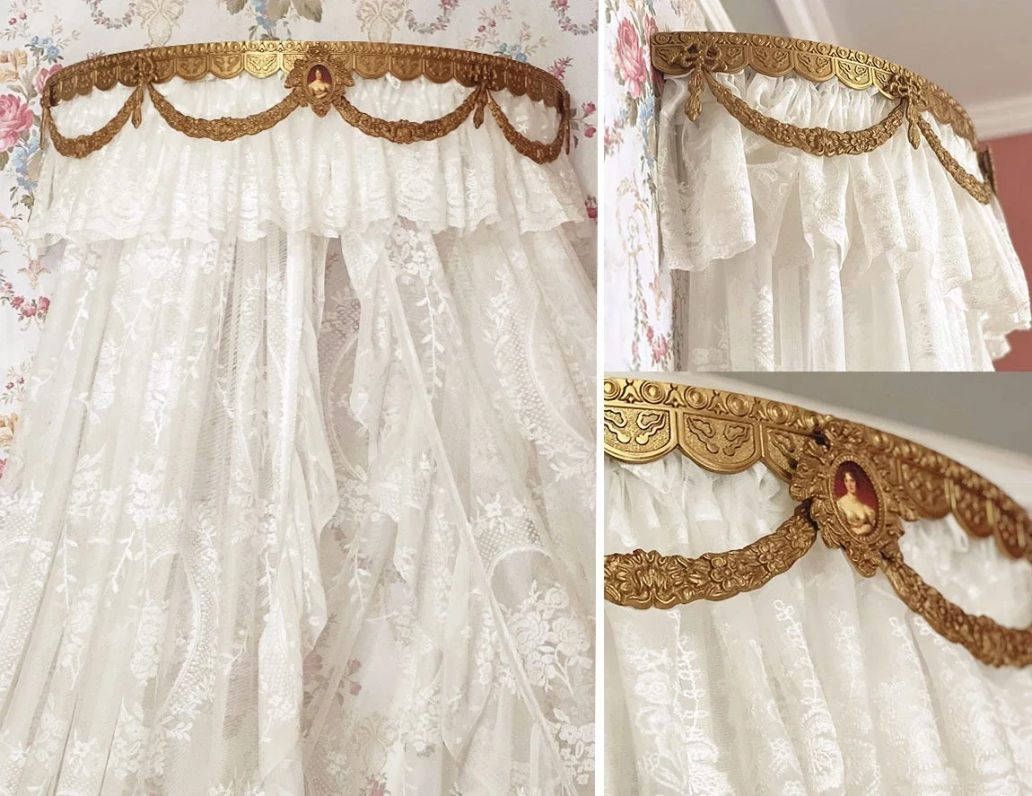 Brass bed mantle frame bed head curtain Victoria bow lace princess home decoration bedroom background
