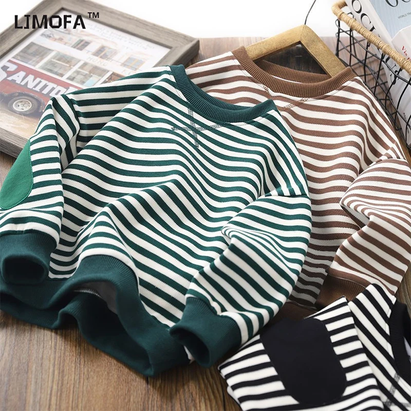 LJMOFA Autumn Kids Striped Hoodies Children Casual Sports Long Sleeve Top for Boys Girls Pullover Outfits Toddler Outerwear D445