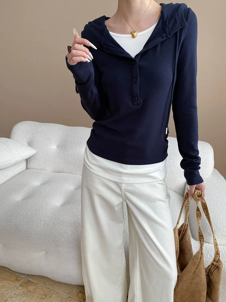 여성 캐주얼 휴가용 투피스 디자인, 드로스트링 후드 긴팔 티셔츠 베이스