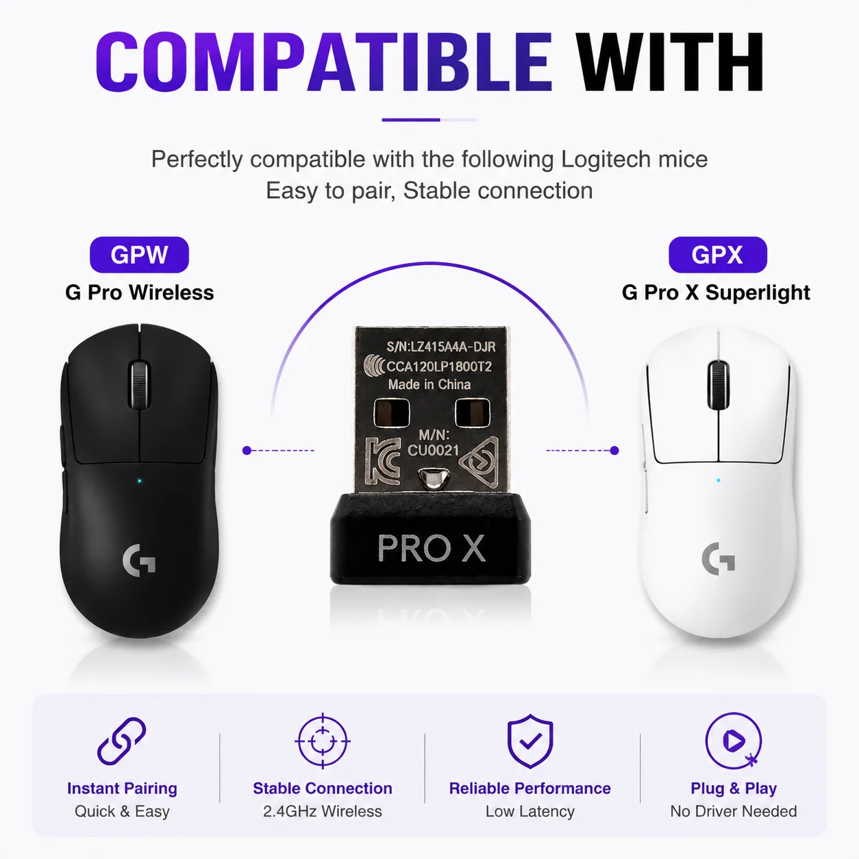 Adapter USB 2.4G Odbiornik do myszy bezprzewodowej Logitech GPW GPXS Superlight — zdjęcie produktu 3
