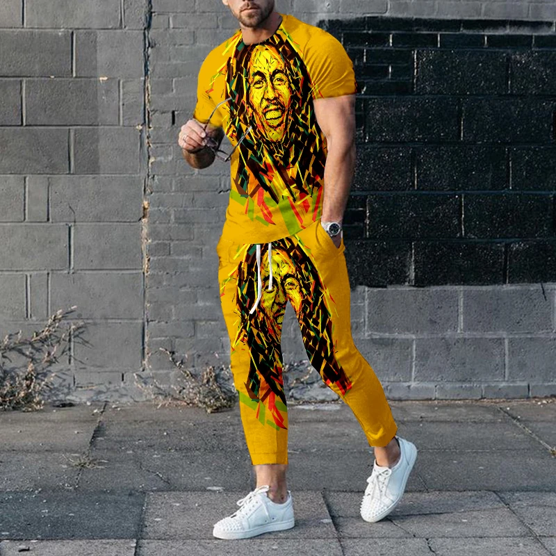 New Summer Men Clothing Bob Marley Reggae Music 3d Print Tracksuits Short Sleeve T Shirt Long Pants 2 Piece Sets Outfits Casual