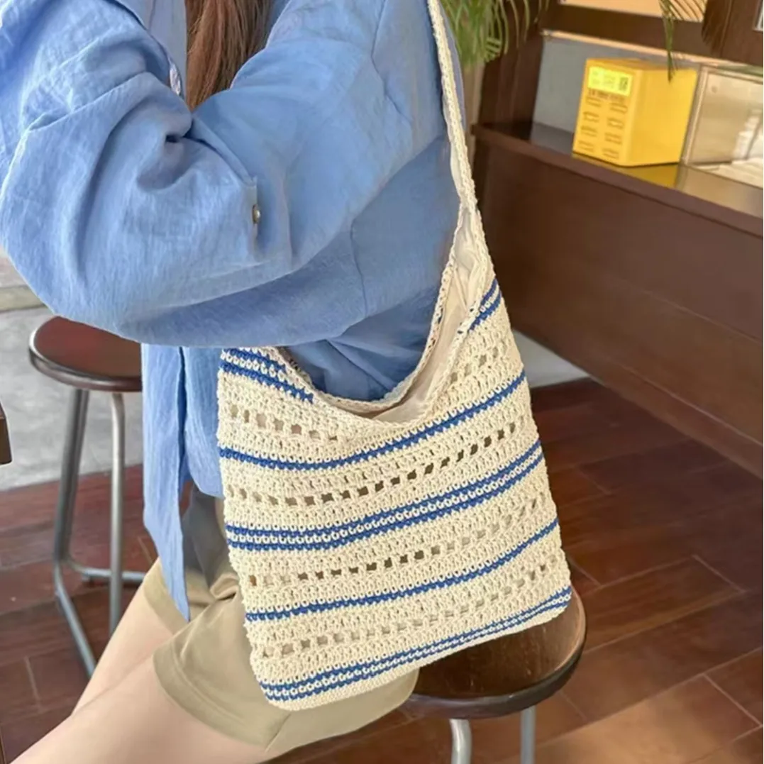 

Large Capacity Ladies Shoulder Bags Retro Hand-weave Knit Khaki Blue Stripe Crossbody Bag Beach Holiday Tote Handbag For Women