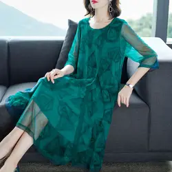 Mother Clothes Chiffon Dresses O-Neck Mid-Long Printed A-line Dress Large Size Short Sleeve Middle-aged Women's Vestidos L47