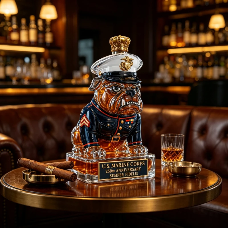 US Marine Corps Bulldog Whiskey Decanter, Military Style Glass Liquor Bottle, Bar & Home Decor, Perfect Gift for Veterans