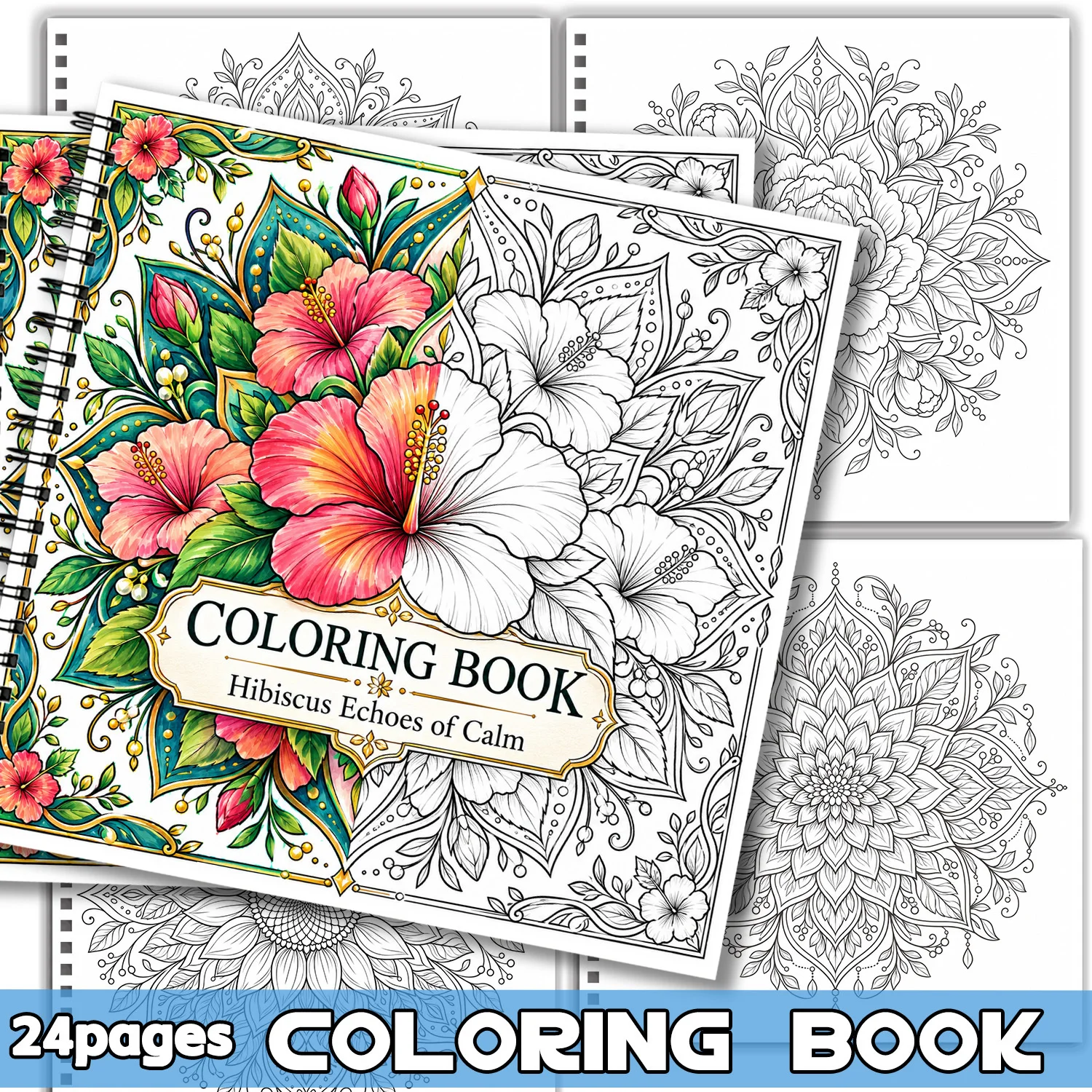 Spiral Binding Coloring Book Hibiscus Floral Design 24 Sheets For Adults Teens Showcasing Creativity Relieving Stress